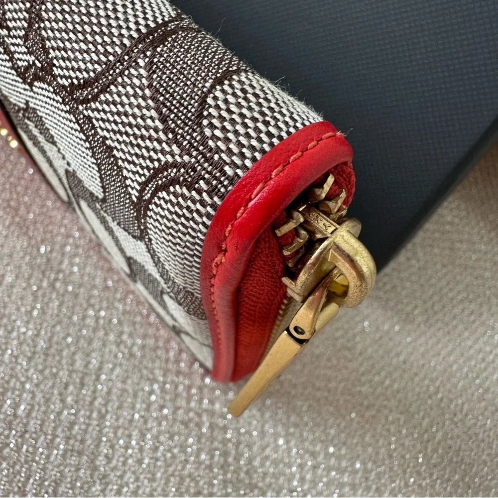 Coach Sport Red and Cocoa Brown Signature Jacquard Zip Accordion Wallet C5731B